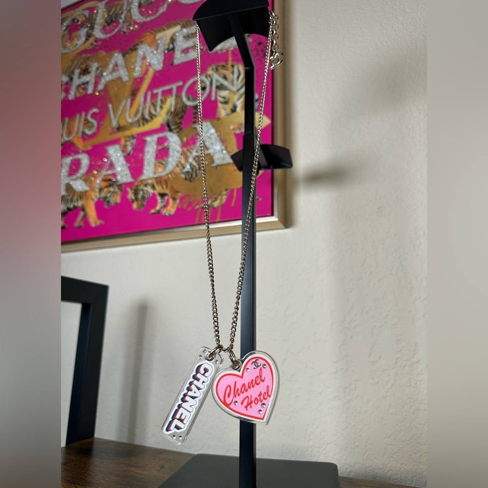 Authentic CHANEL Hotel Pink Heart and Logo Tag Charm Necklace - Picture 2 of 7